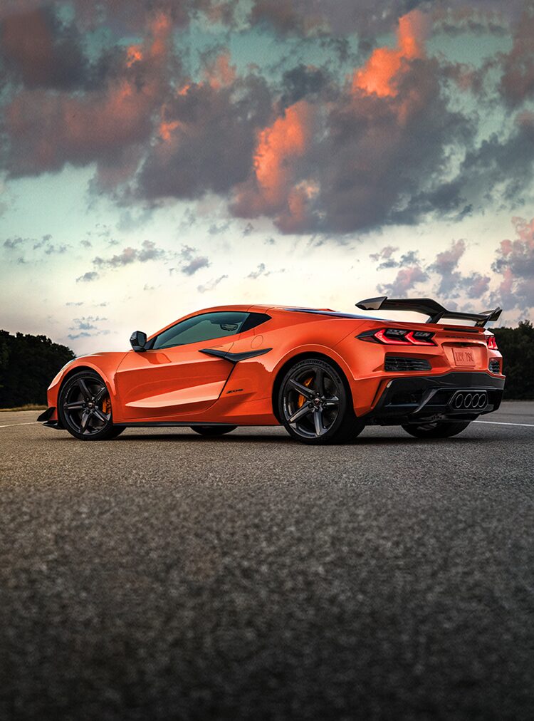 Low Three Quarters Rear View of an Orange Chevy Corvette Z06