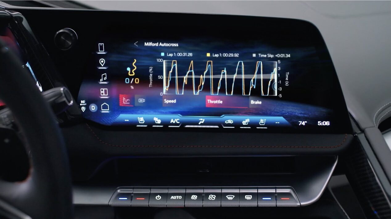 The Digital Touchscreen Display Inside a Chevy Corvette Showing Performance Data and Lap Timing Graphs.