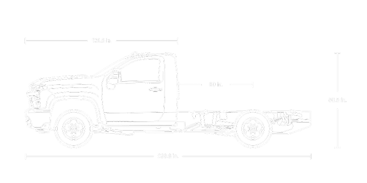 A Blueprint-Style Diagram of a Chevrolet Silverado 3500 Chassis Cab Truck, Showing Side and Front Views With Dimensions.