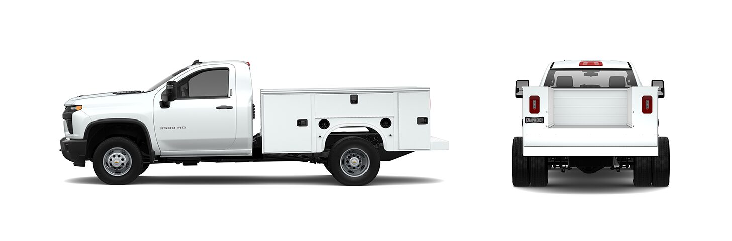 A White Chevrolet Silverado 3500 Chassis Cab Truck, Featuring a White Utility Body With Multiple Storage Compartments, Shown From the Side and Rear.