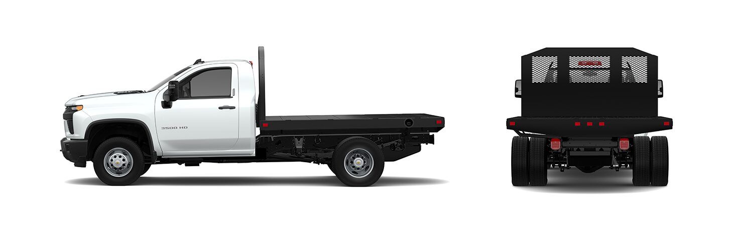 A White Chevrolet Silverado 3500 Chassis Cab Truck, Equipped With a Black Dump Bed, Displayed From the Side and Rear Views.