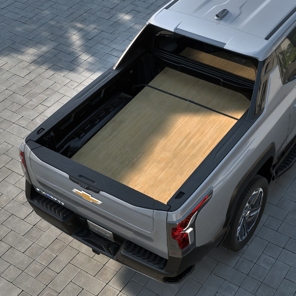 Wood Plank Stored in the Bed of a 2026 Chevy Silverado EV