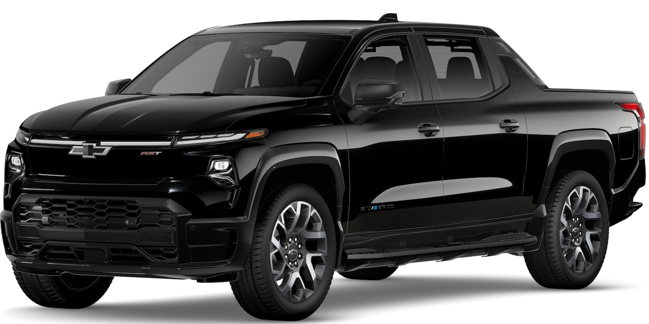 A Black Chevrolet Silverado EV RST Pickup Truck Positioned on a White Background.