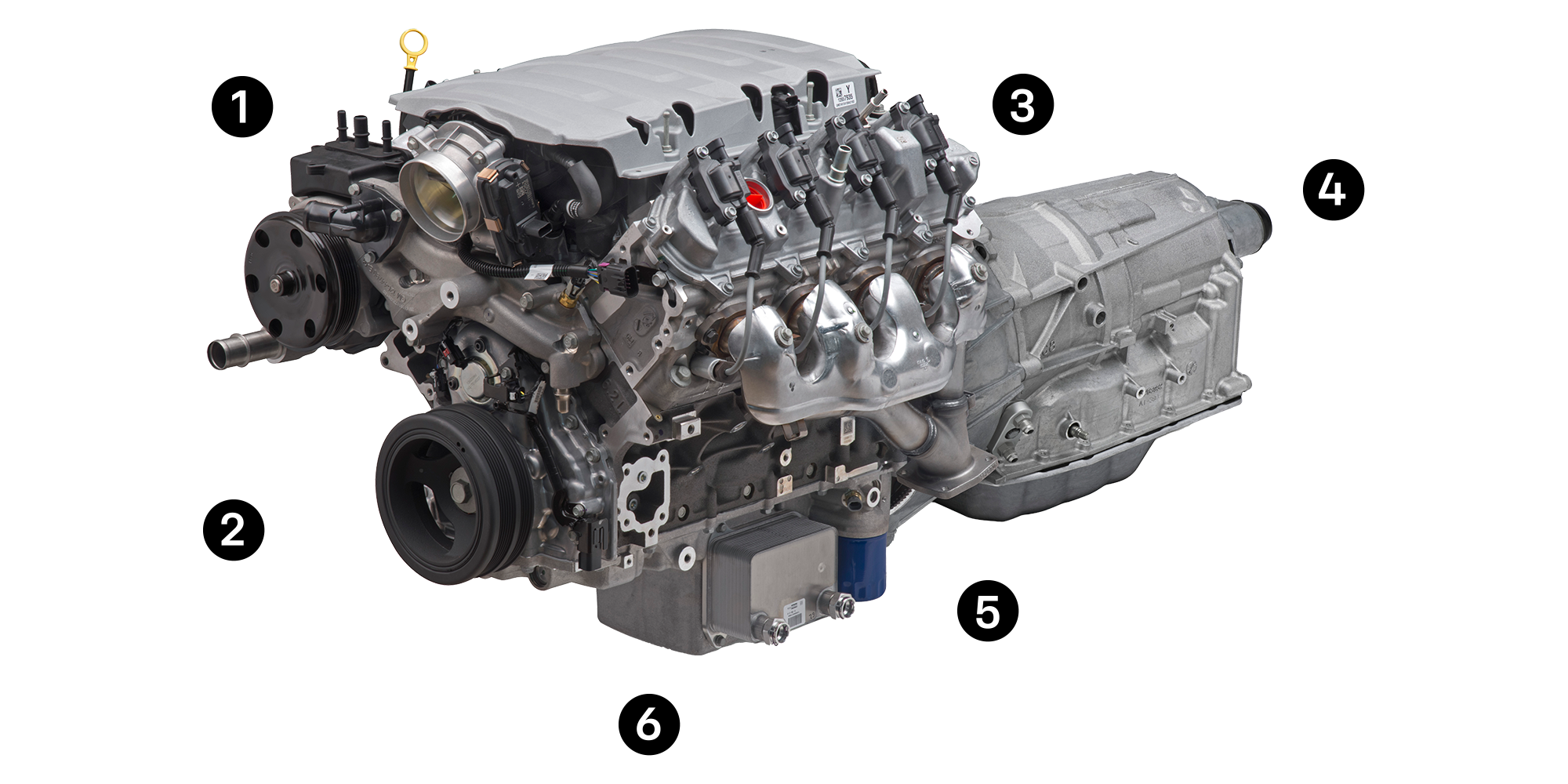 A Graphic of a Chevy Performance Parts Crate Engine with Numbered Circles Surrounding It