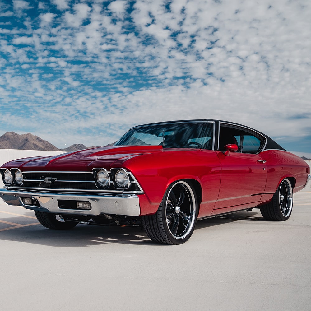 Front View of a Vintage 2 Door Chevy Vehicle
