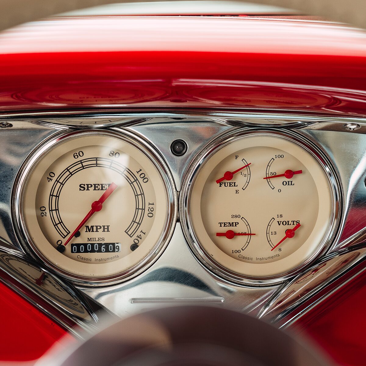 A Close-up View of the Chevy 3100's Original Gauges Replaced with a Kit from Classic Instruments.