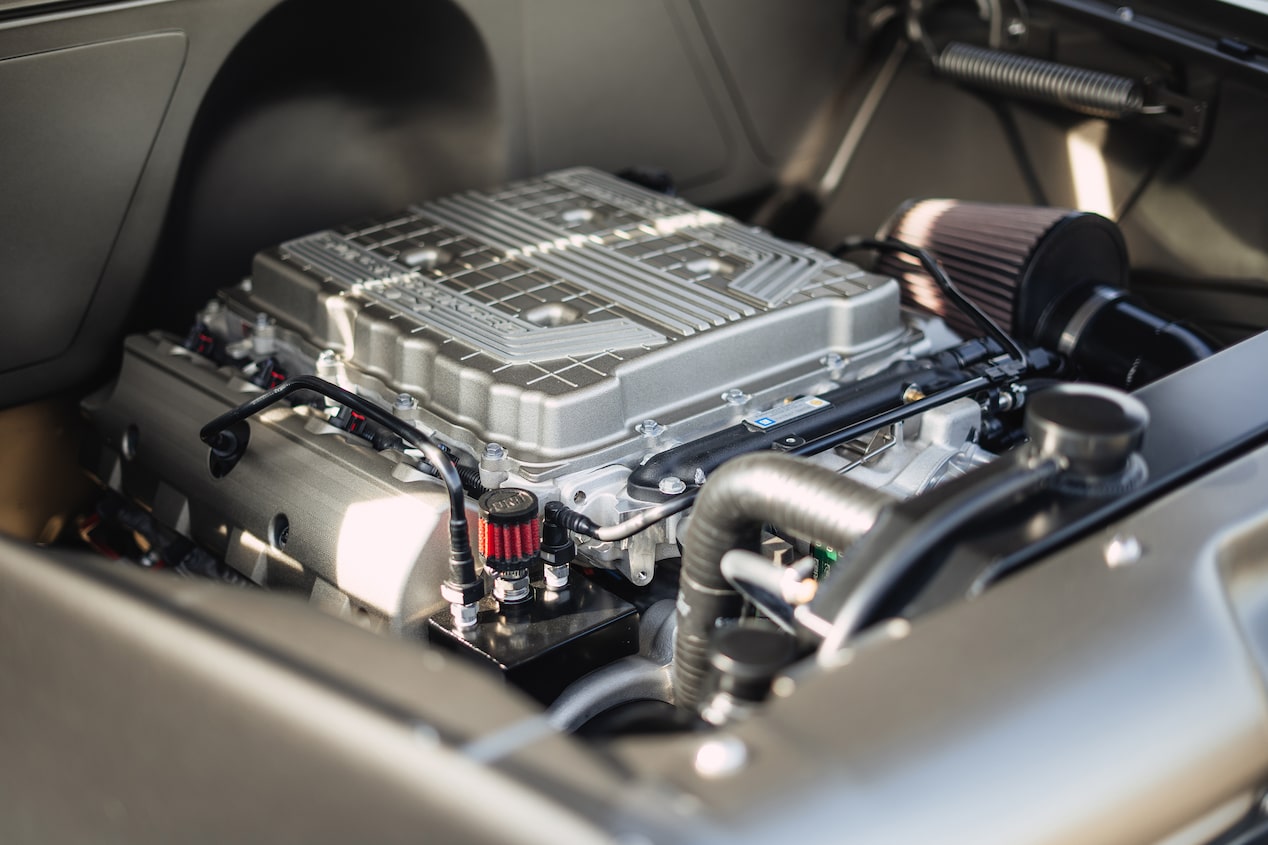 A Side View of a LT4 Engine That is Places inside a 1958 Chevrolet Apache Pickup Truck.