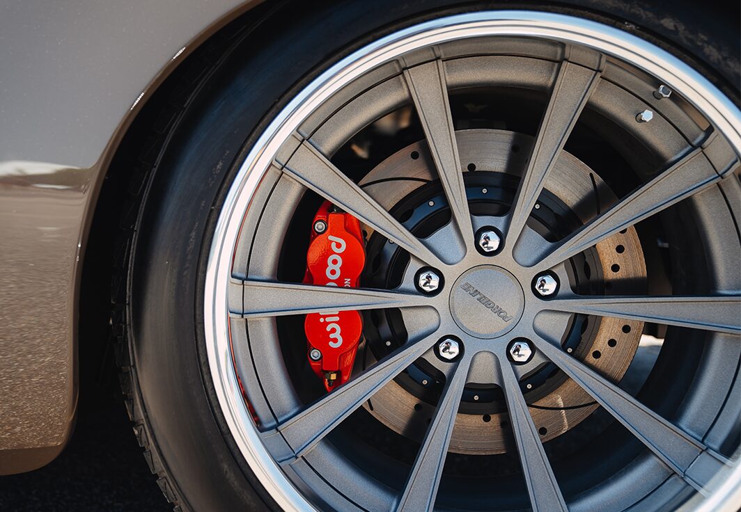 A Close-up View of Forgeline Wheels with 18 Inch Rims on a 1958 Chevrolet Corvette.