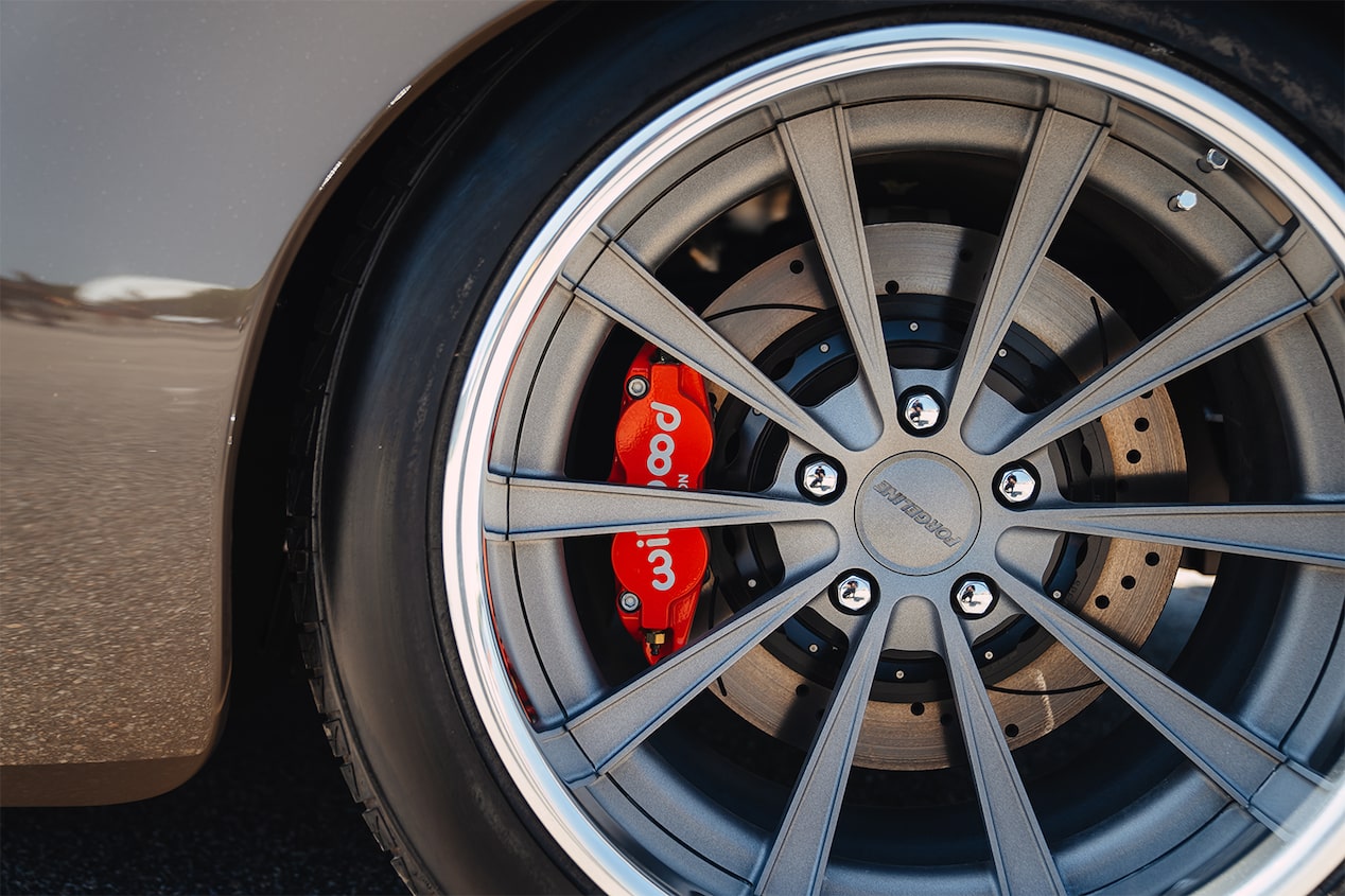 A Close-up View of Forgeline Wheels with 18 Inch Rims on a 1958 Chevrolet Corvette.