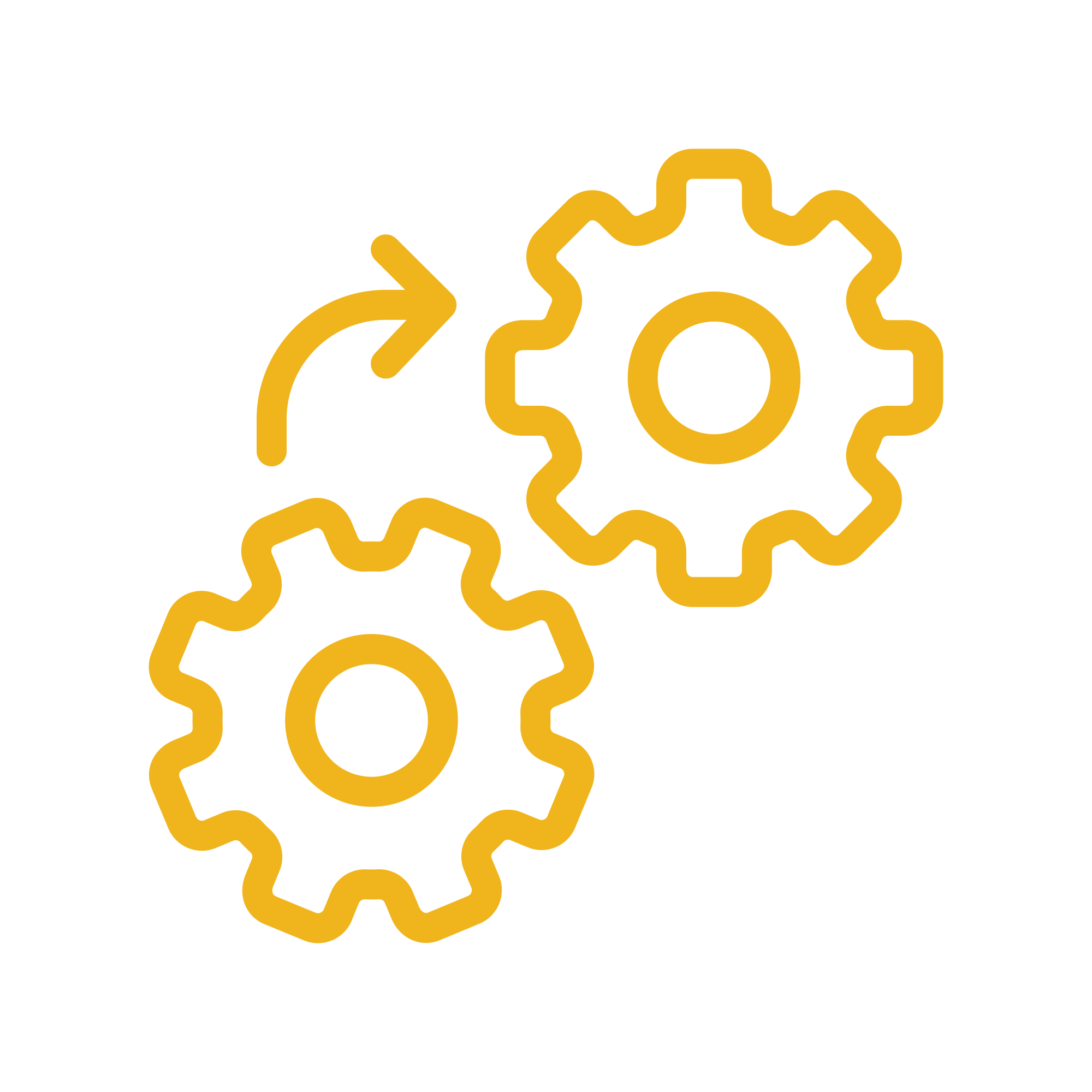 Two Yellow Gears Slightly Apart with an Arrow Pointing at a Curve from the Left One to the Other