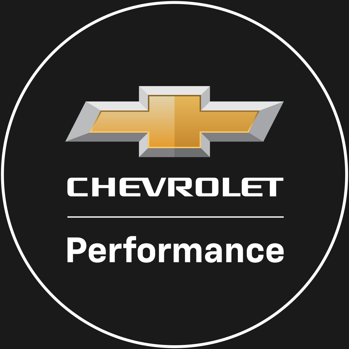 A White Circle Against a Black Background with the Chevy Logo and the Words "Chevrolet Performance" in the Center of the Circle