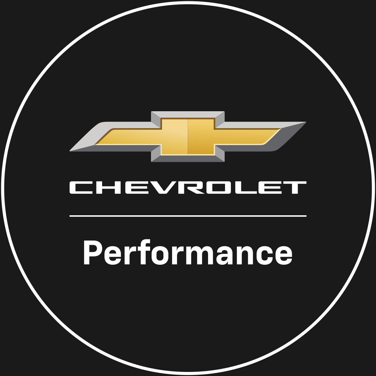 A White Circle Against a Black Background with the Chevy Logo and the Words "Chevrolet Performance" in the Center of the Circle