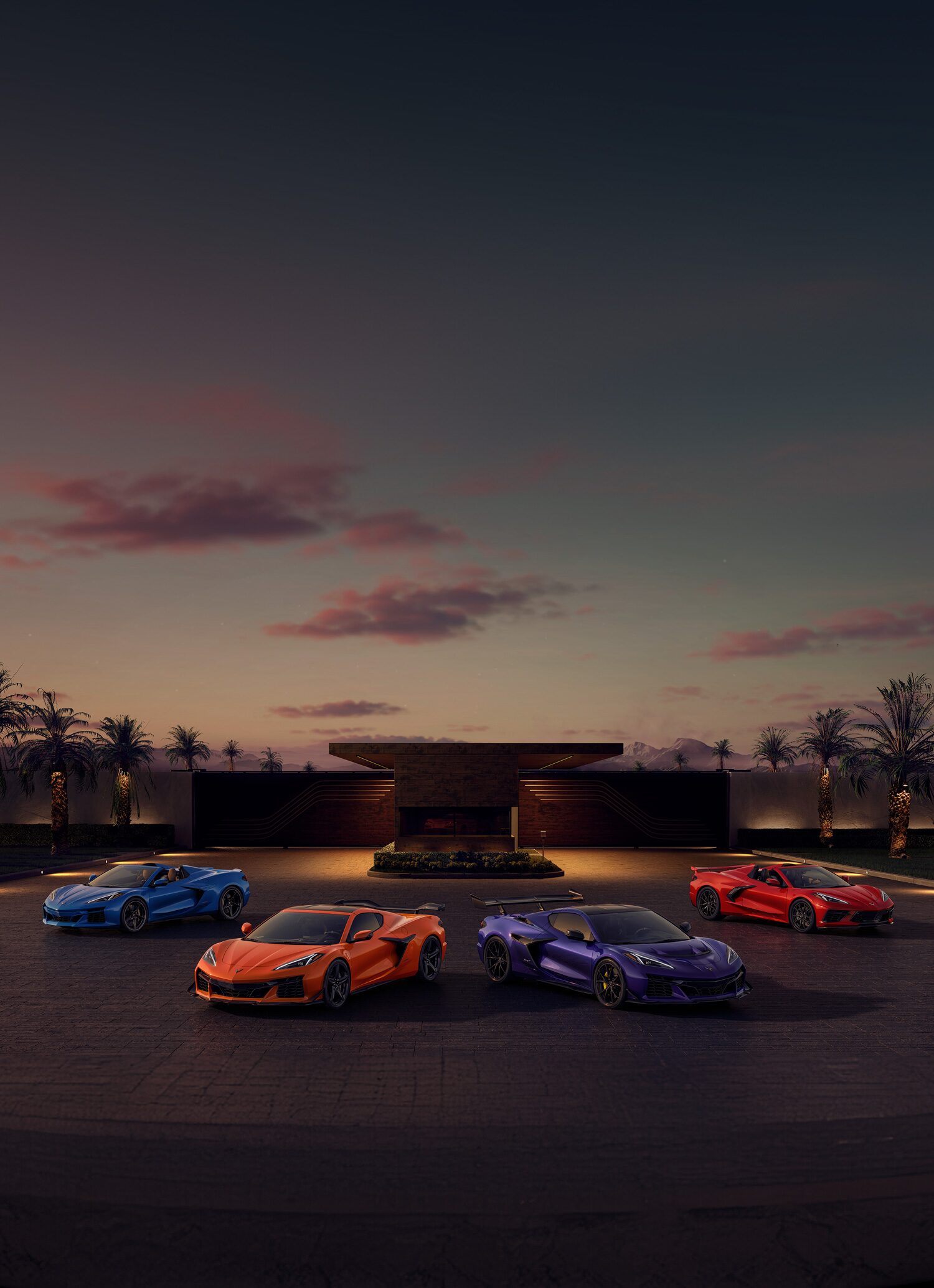Lineup of Chevy Corvette under an Evening Sky