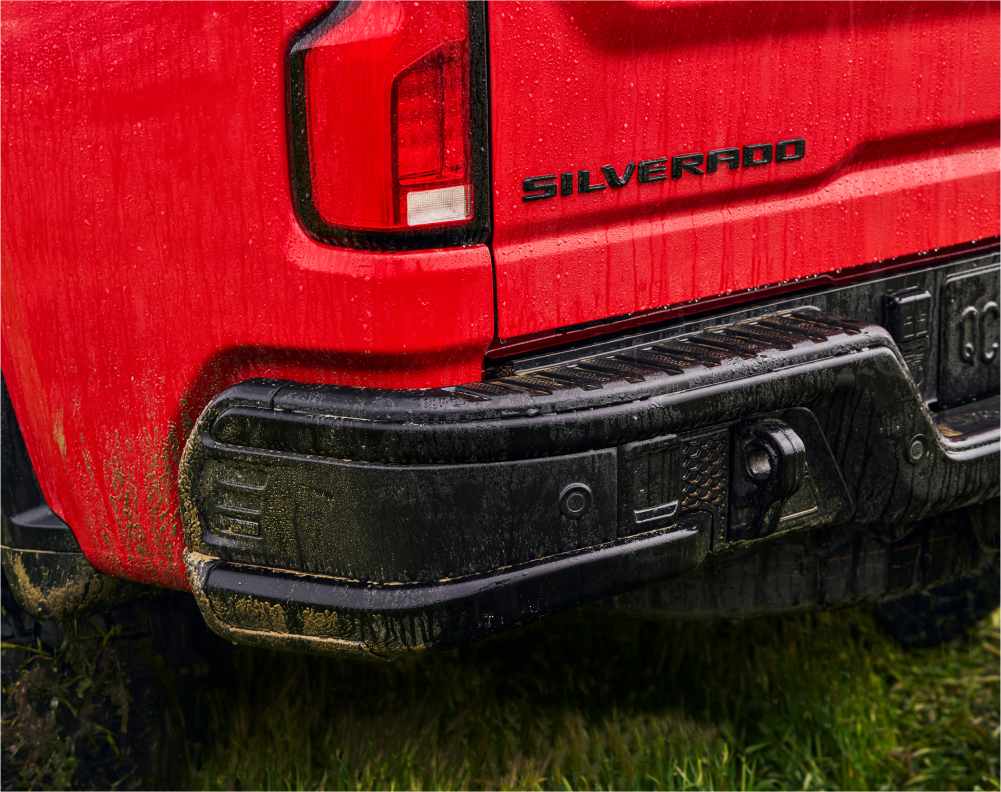 Rear Bumper View of a Red 2026 Chevy Silverado HD