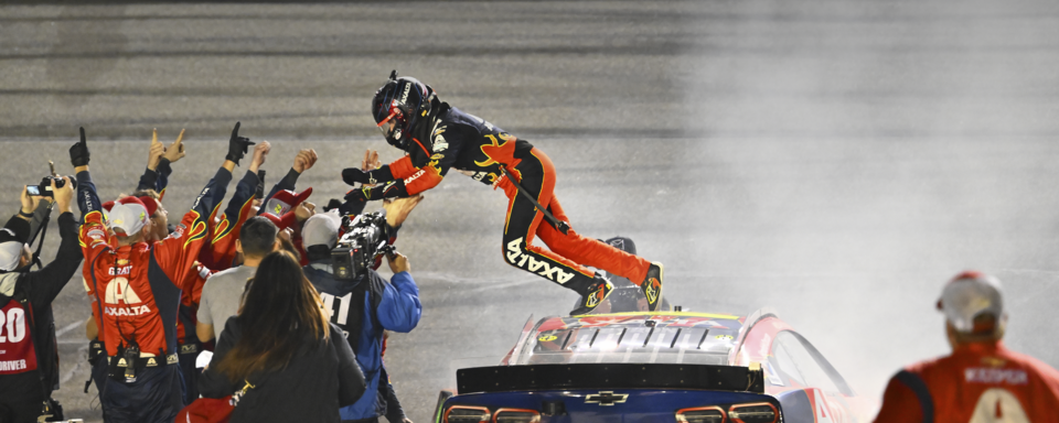 Chevy Race Car Driver Celebrating After Winning 2025 Daytona 500