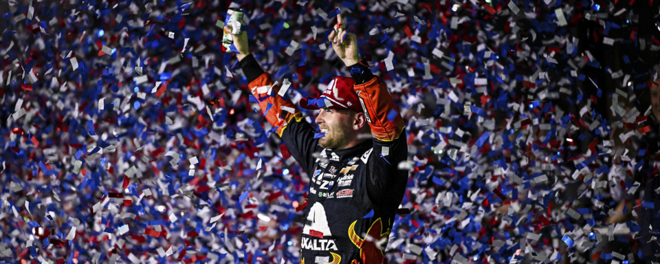 Chevy Race Car Driver Raising His Hands in the Air After Winning the 2025 Daytona 500