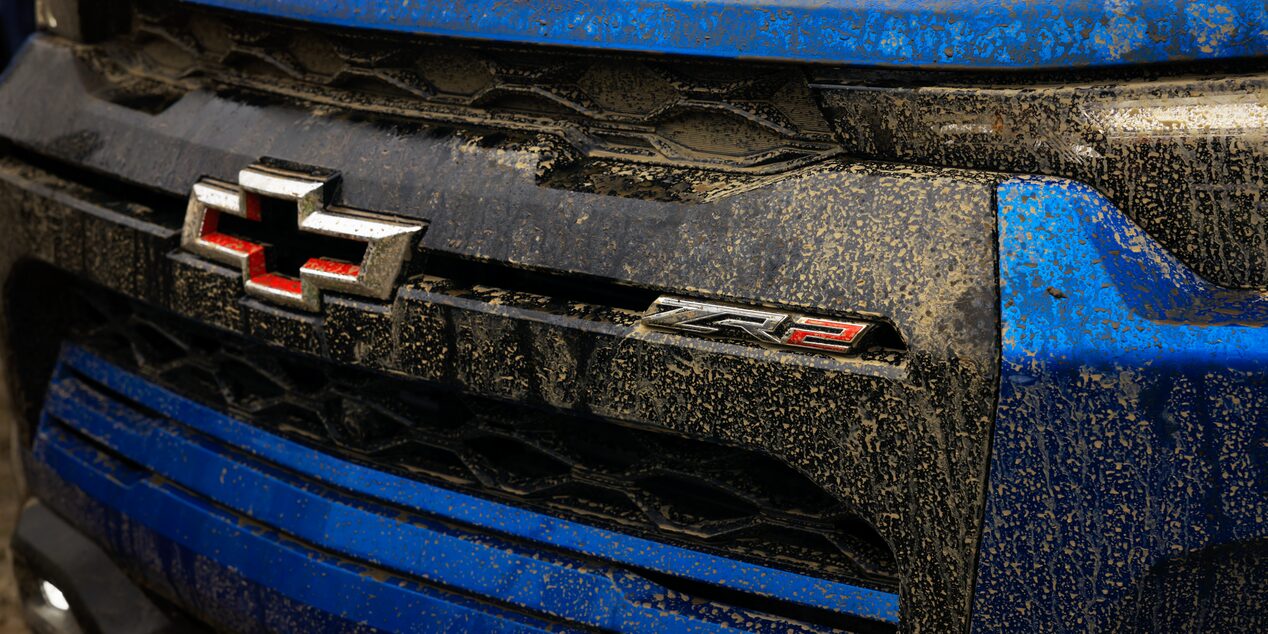 Close-Up of Blue ZR2's Grille and Badging