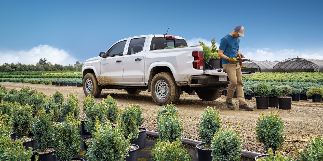A Man Leaning On the Truck bed Of His 2024 Chevy Commercial Colorado Parked At Landscaping Nursery
