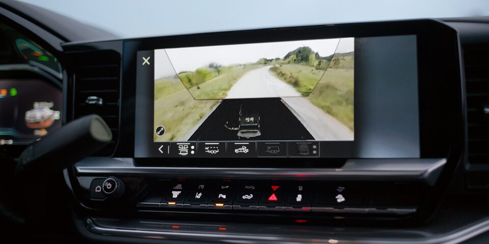 Close-up of a Display Monitor in a 2025 Chevy Silverado HD Truck Showing Rear View Footage