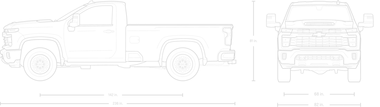 Side View and Front View of a Blueprint of 2025 Chevy Silverado HD Truck Long Bed
