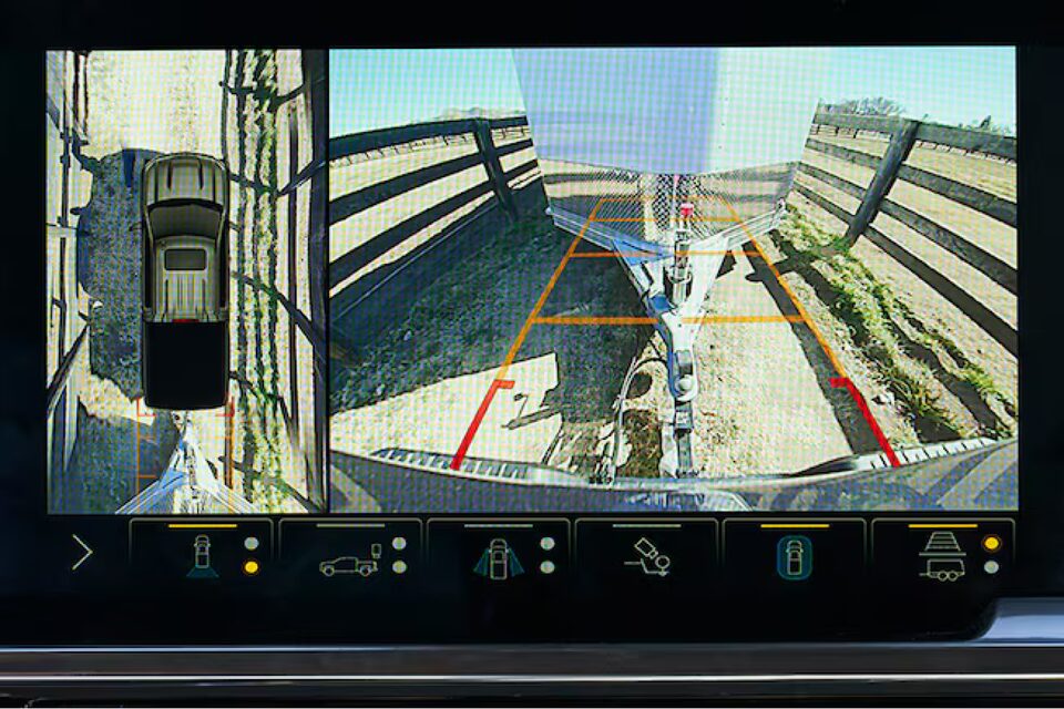 View of Backup Camera Showing Trailer and a Birds Eye Angle