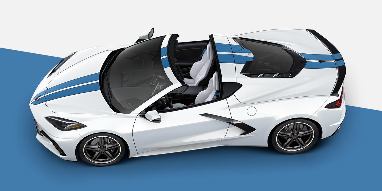 2025 Chevy Corvette Stingray White with Blue Racing Stripes Design Package