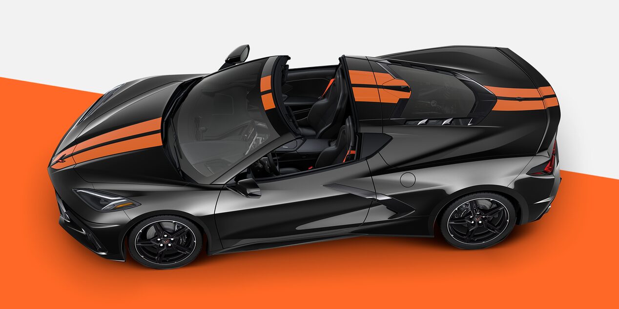 2025 Chevy Corvette Stingray Black with Orange Racing Stripes Exterior Design Package
