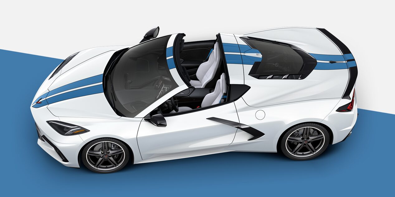 2025 Chevy Corvette Stingray White with Blue Racing Stripes Design Package