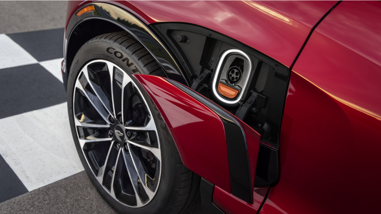 Close-up of the Open Charge Port Door for the 2025 Chevy Blazer EV