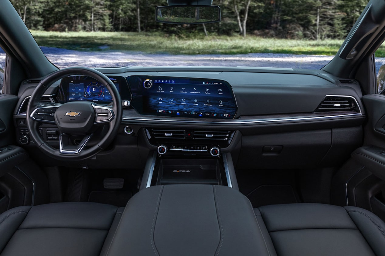 View of the Front Seats, Steering Wheel, and Infotainment System in the 2025 Chevrolet Tahoe SUV
