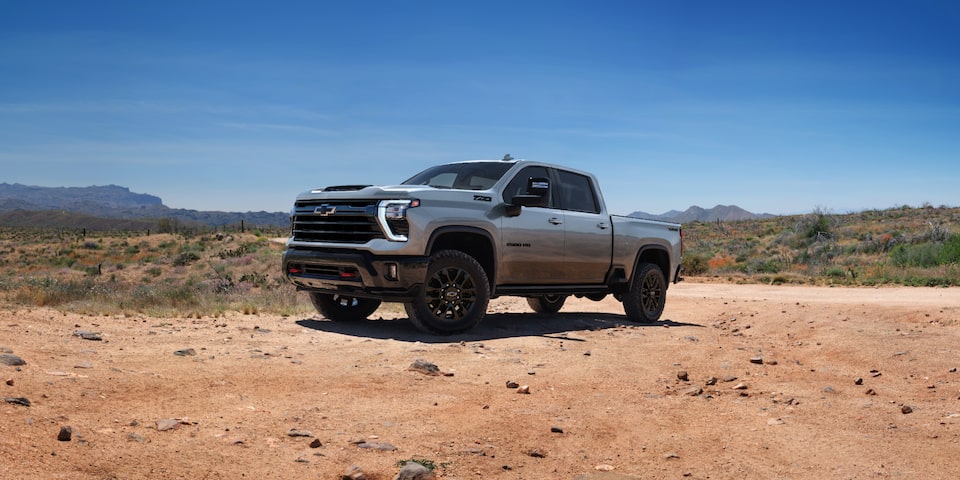 Three Quarters View of a 2025 Silverado HD in the Desert