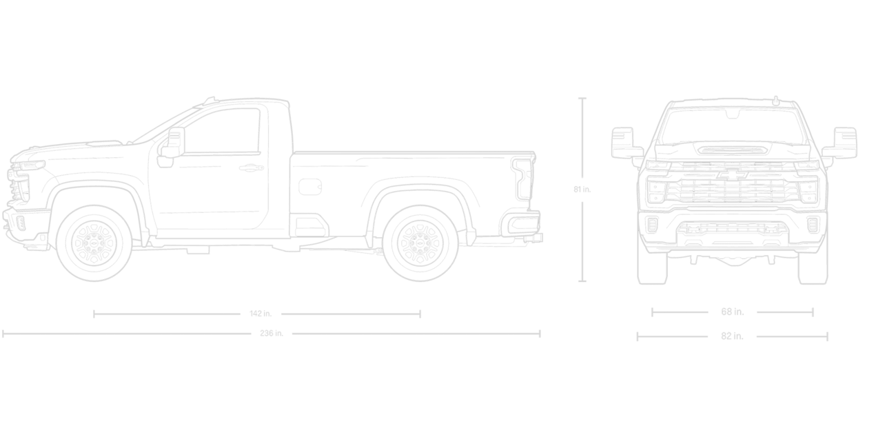 Front and Side View of a Blueprint of a 2026 Chevy Silverado HD Long Bed
