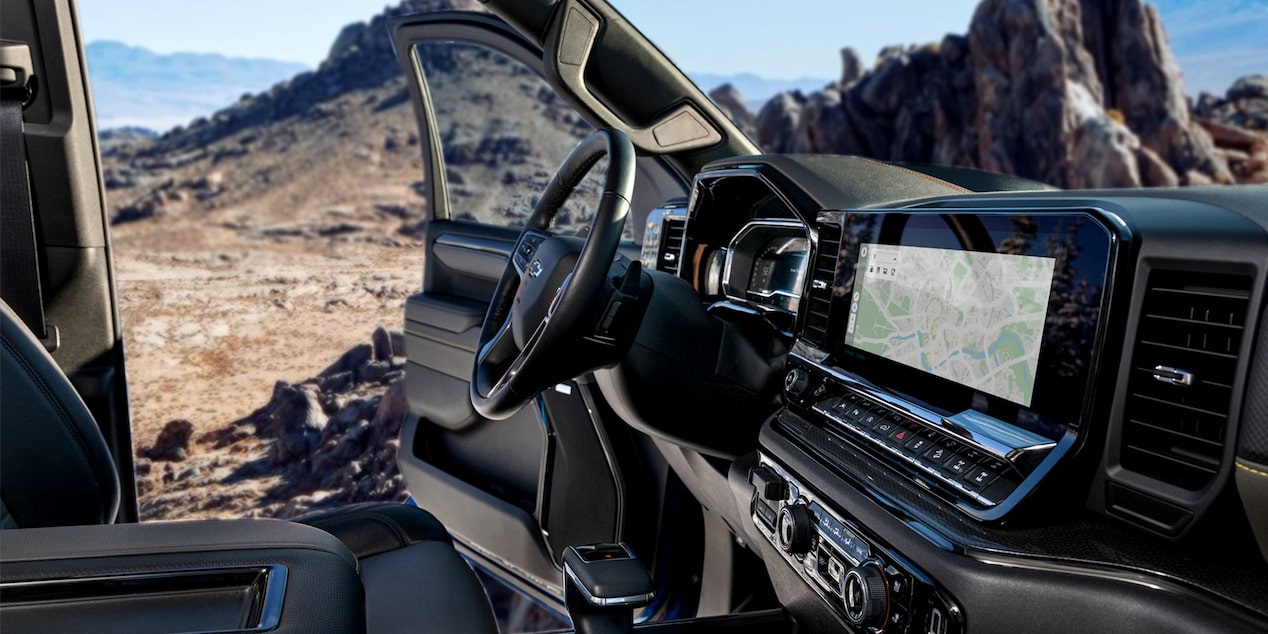 Front Passenger Seat View of the Interior of Chevy 2025 Silverado with its Door Open