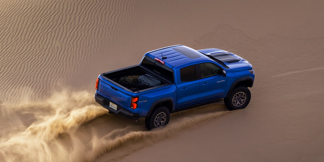 Overhead View of a Blue 2026 Chevy Colorado Driving through the Desert