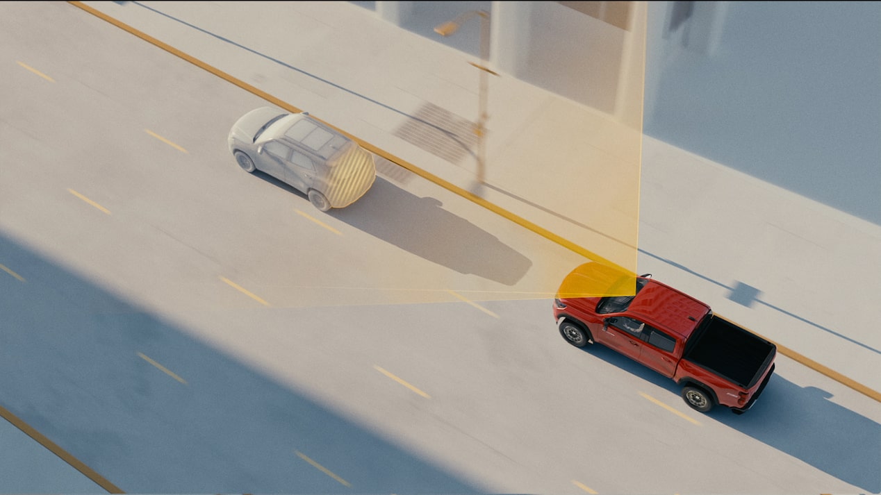 Video Thumbnail of a 3D Environment with an Overhead View of a Red 2026  Chevy Colorado Driving behind Another Vehicle