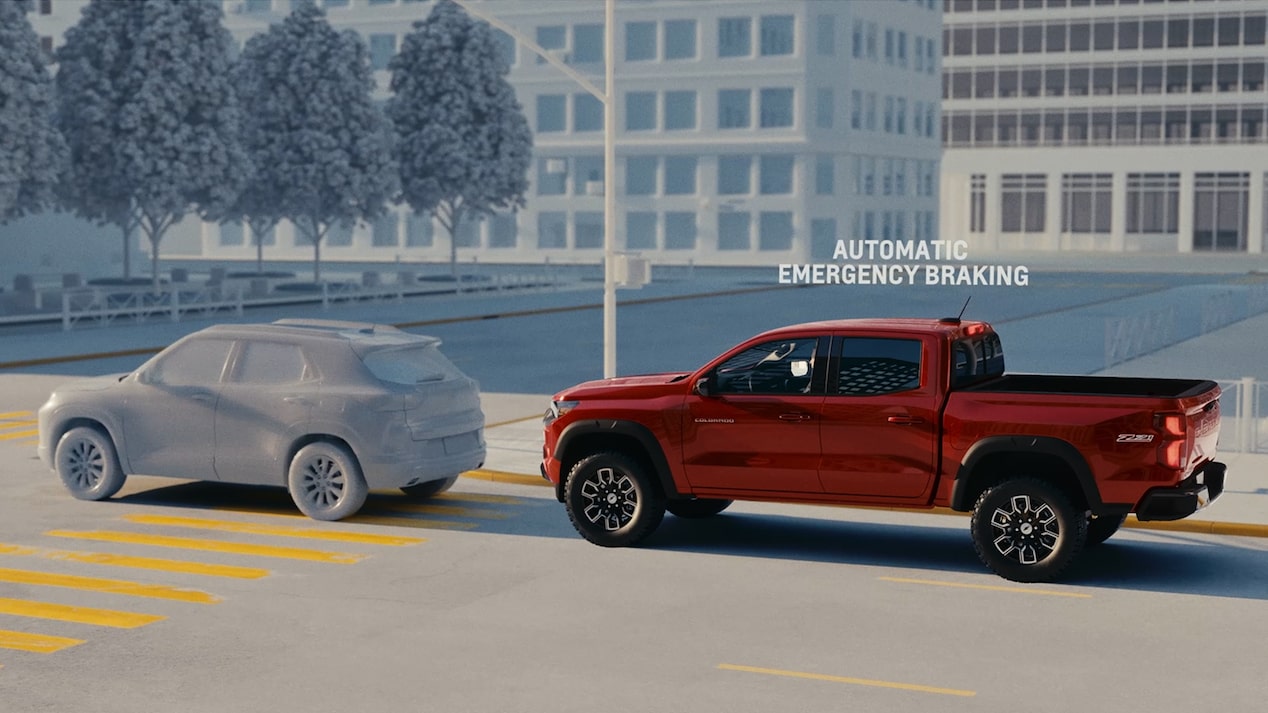 Video Thumbnail of a 3D Environment with a Red 2026 Chevy Colorado Detecting a Vehicle Ahead