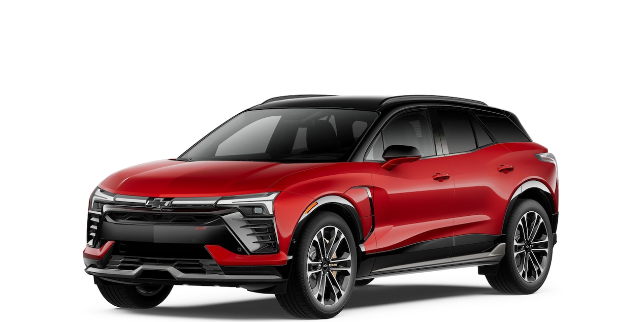 Three-Quarters View of a 2025 Red Chevy Blazer EV SS on a White Background