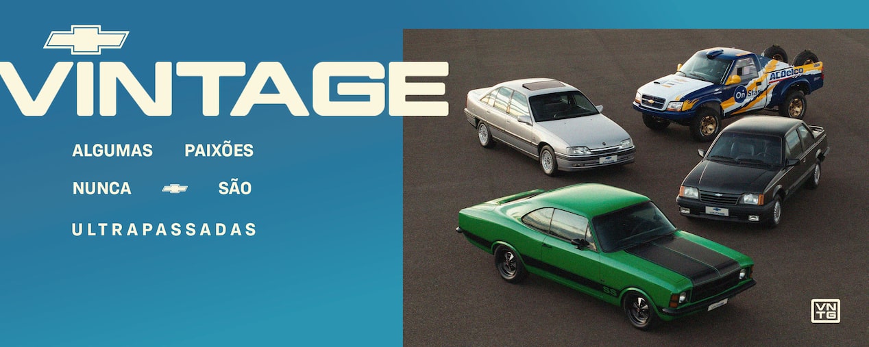 Omega prata, S10 Rally azul e amarela, Monza preto e Opala verde estacionados lado a lado em pista de asfalto, com o texto Chevrolet Vintage: algumas paixões nunca são ultrapassadas