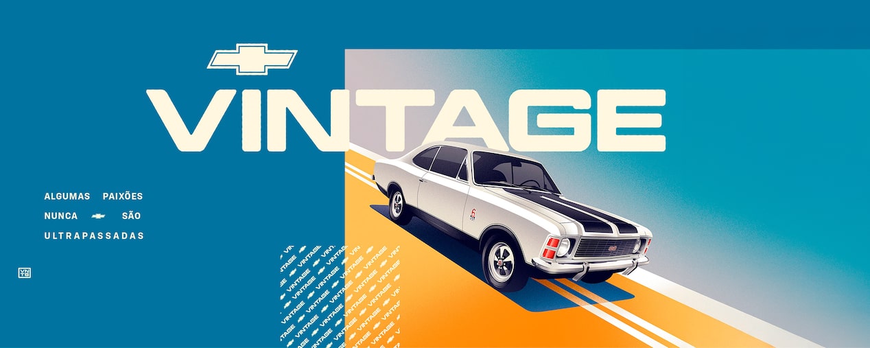 Imagem ilustrativa estilo retrô com fundo azul e laranja em. Em destaque, o texto VINTAGE acompanhado do logotipo da Chevrolet, seguido da frase Algumas paixões nunca são ultrapassadas. À direita, ilustração de um carro clássico Chevrolet Opala branco com faixas pretas, em perspectiva de três quartos, sobre uma estrada estilizada.