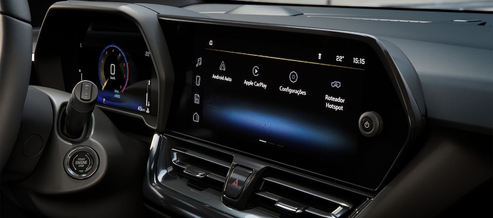 Imagem interna do novo Chevrolet Spin, com foco no painel Chevrolet MyLink de 11 polegadas.
