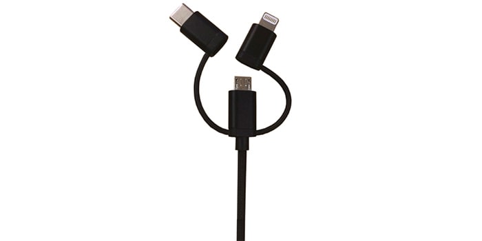 Cabo 3 em 1 preto (lightning, USB-C e micro USB), com um metro de comprimento