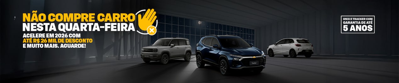 Banner da Chevrolet com Onix, Tracker e Spark EUV anunciando descontos de até R$ 26 mil