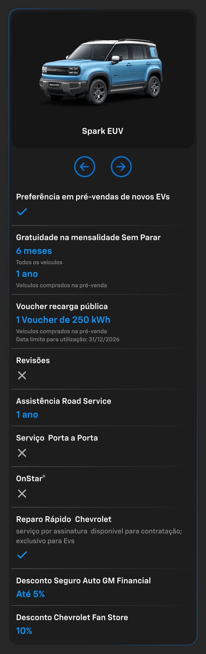 Spark EUV - Comparativo entre os modelos de EVs Chevrolet. Benefícios, descontos e funcionalidades nos melhores modelos elétricos.