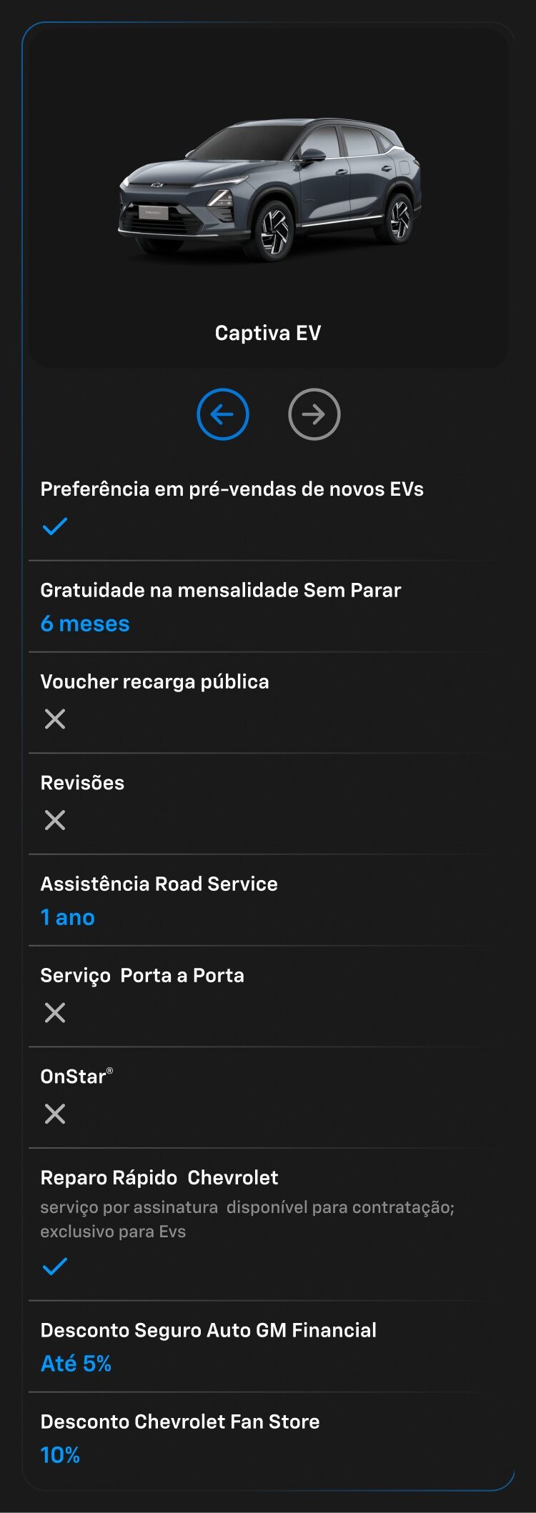 Captiva EV - Comparativo entre os modelos de EVs Chevrolet. Benefícios, descontos e funcionalidades nos melhores modelos elétricos.
