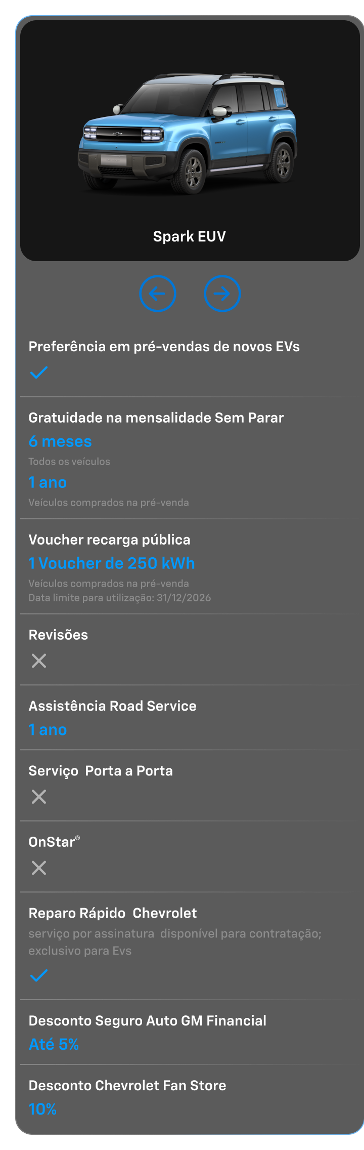 Spark EUV - Comparativo entre os modelos de EVs Chevrolet. Benefícios, descontos e funcionalidades nos melhores modelos elétricos.