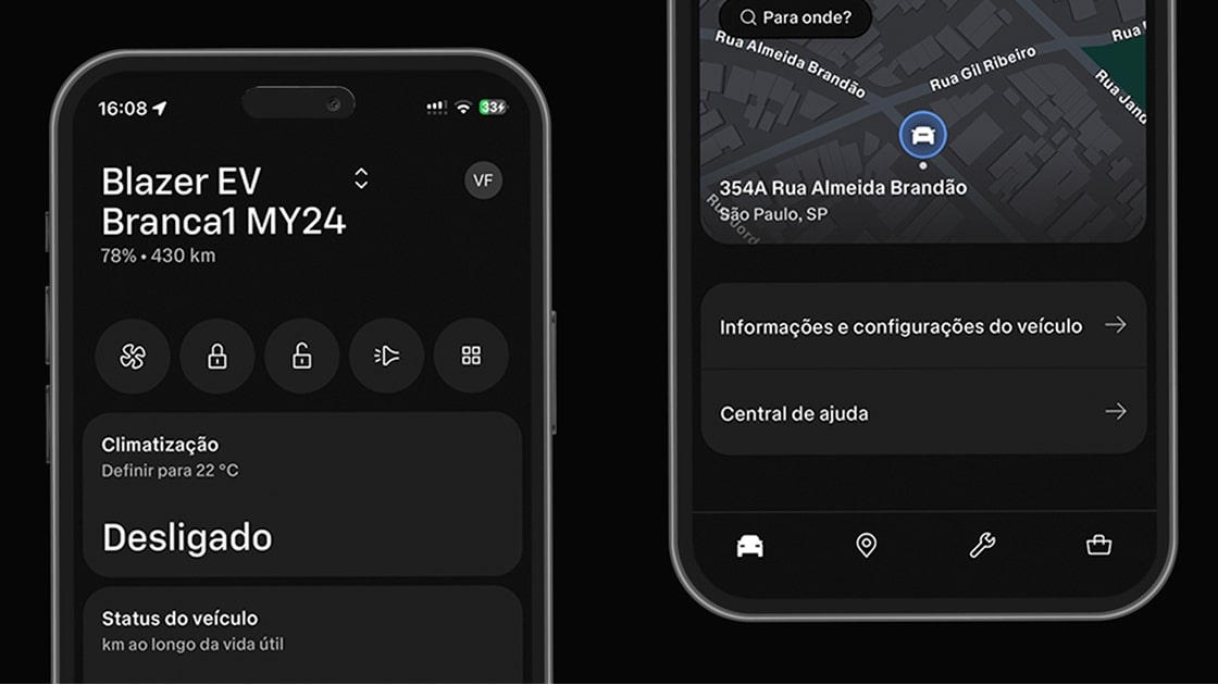 Telas do app MyChevrolet com recursos de controle remoto e informações do veículo.