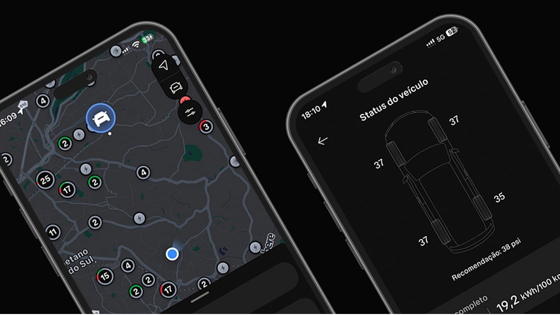 Planejador de rotas no app MyChevrolet com mapa e pontos de carregamento.