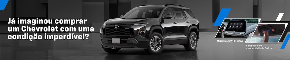 Propaganda da Chevrolet apresentando um SUV preto sobre fundo geométrico cinza. O texto diz "Já imaginou comprar um Chevrolet com uma condição imperdível?".