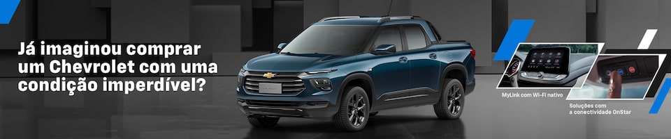 Propaganda da Chevrolet apresentando uma picape azul escuro sobre fundo geométrico cinza. O texto diz "Já imaginou comprar um Chevrolet com uma condição imperdível?".