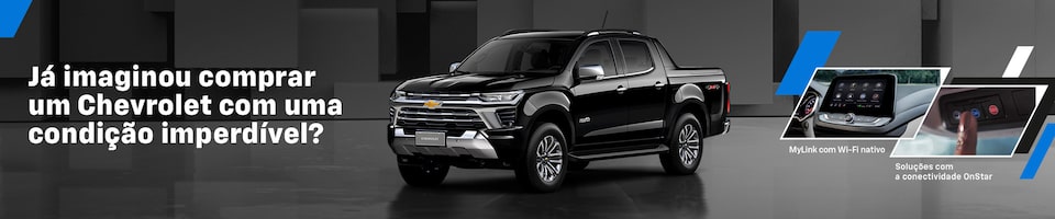 Propaganda da Chevrolet apresentando uma picape preta sobre fundo geométrico cinza. O texto diz Já imaginou comprar um Chevrolet com uma condição imperdível?"